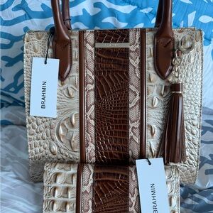 Brahmin Brown & Cream Embossed Leather Satchel Tassel Charm W/matching wallet